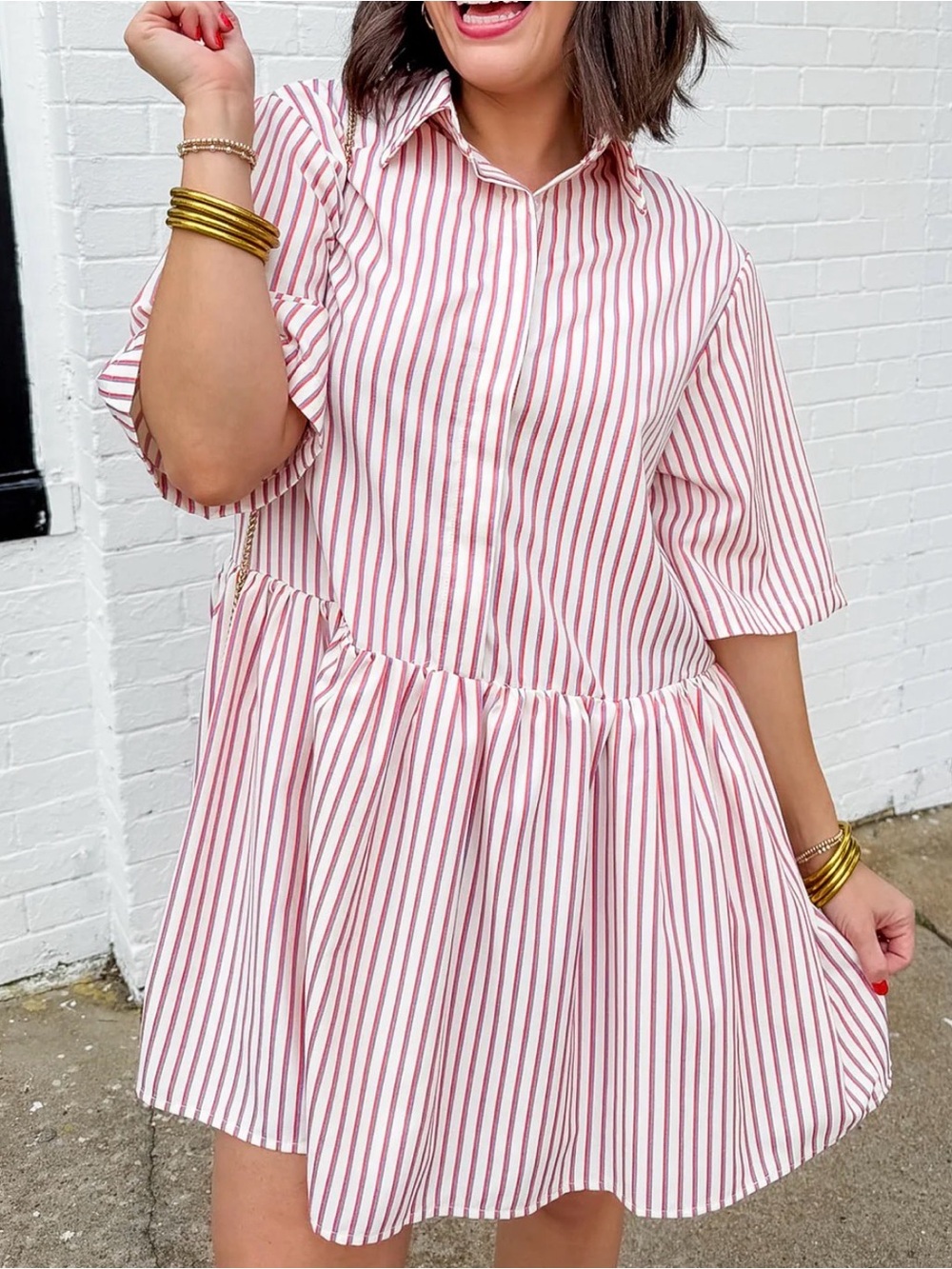 Lovelo Red and White Striped Peplum Shirt Dress
